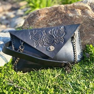 NWOT Black Embroidered Leather Crossbody